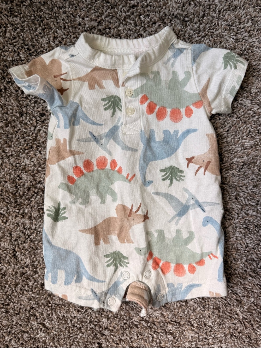 Carter's Cream Short Sleeve Dinosaur Romper with Blue, Green & Tan Accents